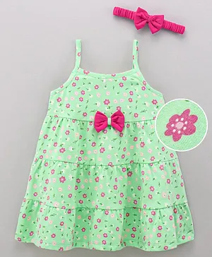 Babyhug Singlet 100% Cotton Frock With Headband Bow Applique Floral Print - Mint