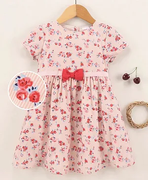 Babyhug Cotton Short Sleeves One-Piece Frock Floral Print - Pink