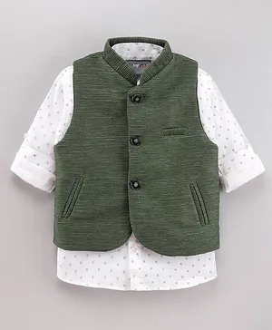 Dapper Dudes Full Sleeves Printed Shirt With Self Design Waistcoat - Green