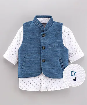 Dapper Dudes Full Sleeves Abstract Printed Shirt With Self Design Waistcoat - Dark Blue