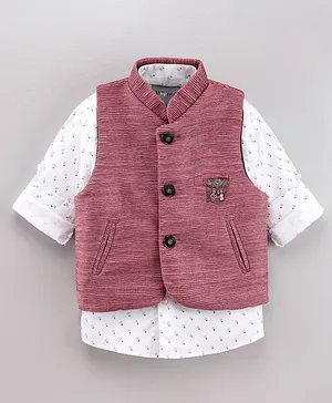 Dapper Dudes Full Sleeves Printed Shirt With Self Design Waistcoat - Pink
