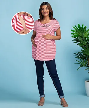 Bella Mama Half Sleeves Maternity Striped Tee Text Print - Red