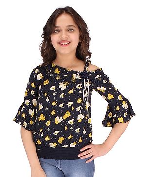 Cutecumber Three Fourth Sleeves Floral Printed Asymmetric Neck Top - Navy Blue