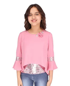 Cutecumber Sequin Embellished Three Fourth Sleeves Top - Pink
