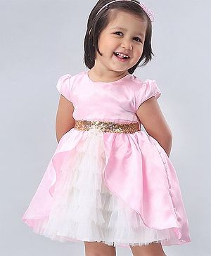 Babyhug Cap Sleeves Soft Satin and Mesh Party Wear Frock - Baby Pink