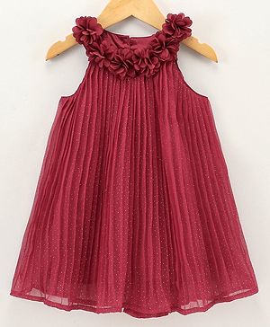 Babyhug Sleeveless Pleated Party Wear Frock with Corsage - Red