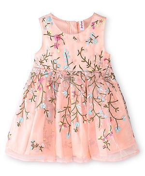 Babyhug Sleeveless Floral Embroidery Party Frock - Peach
