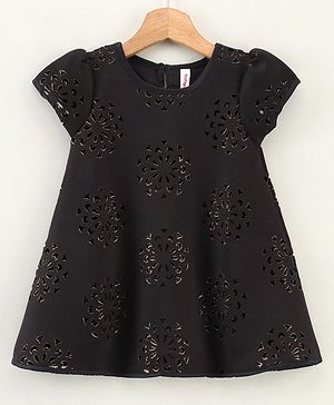 Babyhug Cap Sleeves Partywear Frock with Floral Laser Cutout Design - Black