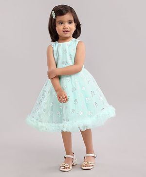 Babyhug Sleeveless Party Wear Frock with Corsage & Foil Print - Mint