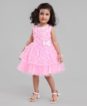 Babyhug Sleeveless Party Wear Tutu Frock with Butterfly & Bow Applique - Light Pink