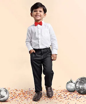 Babyhug Full Sleeves Shirt With Bow Tie & Pants Solid- Black White