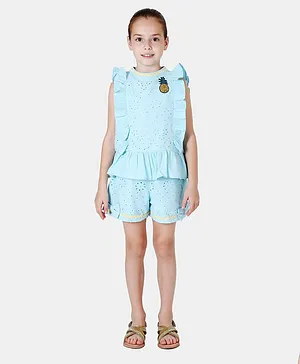 One Friday Cap Sleeves Schiffli Embroidery Top - Blue