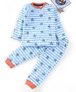 Babyhug Full Sleeves Night Suit Stripes & Star Print - White
