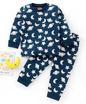 Babyhug Full Sleeves T-Shirt & Pyjama Set Moon & Stars Print - Navy Blue