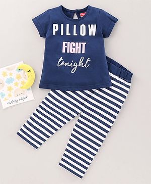 Babyhug Cotton Half Sleeves Night Suit Text Print - Blue