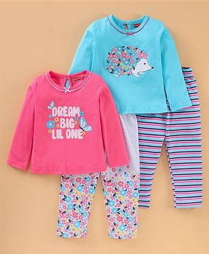Babyhug Cotton Knit Full Sleeves Text Print Night Suit Pack of 2 - Multicolour