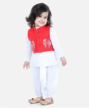 BownBee Full Sleeves Kurta With Horse Embroidered Waistcoat & Dhoti - Red