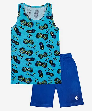 Kiddopanti Sleeveless Gaming Console Print Vest With Shorts - Blue