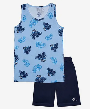 Kiddopanti Sleeveless Vehicle Print Vest With Shorts - Blue