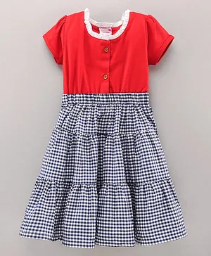 Rassha Half Sleeves Gingham Checked Tiered Dress - Red