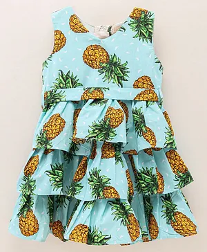 Rassha Sleeveless All Over Pineapple Printed Tiered Dress - Blue