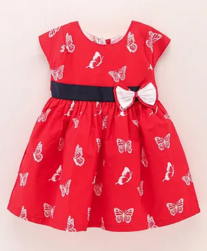 Rassha Cap Sleeves Butterfly Printed Flared Dress With Bow Applique - Red
