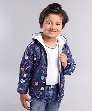 Babyhug Full Sleeves Hooded Jacket Planets Print - Blue