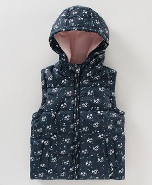Babyhug Sleeveless Hooded Jacket Floral Print- Navy Blue
