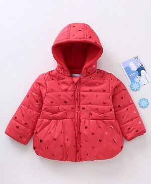 Babyhug Full Sleeves Hooded Padded Jacket Glitter Heart Print - Red