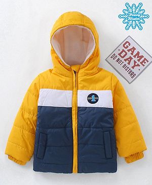 Babyhug Full Sleeves Color Block Hooded Fashion Heavy Winter Jacket - Yellow Navy Blue