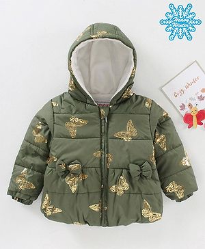 Babyhug Full Sleeves  Hooded Jacket Foil Butterfly Print- Olive
