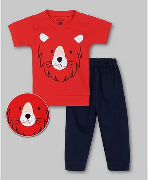 Giggling Giraffe Half Sleeves Lion Print Night Suit - Red