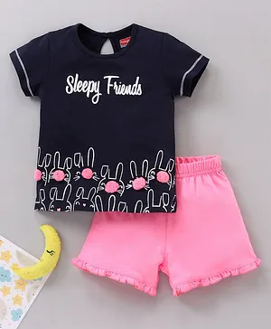 Babyhug Half Sleeves Night Suit Sleepy Friends Print - Navy Blue Pink
