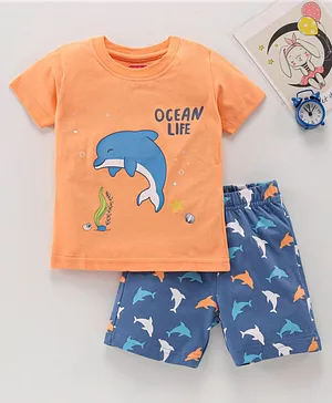 Babyhug Knit Half Sleeves Dolphin Printed Night Suit - Navy Orange