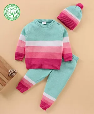 Babyhug 100% Cotton Full Sleeves Baby Sweater Set Stripes Pattern - Green and Pink