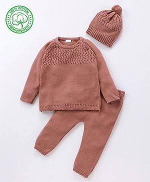 Babyhug 100% Organic Cotton Full Sleeves Sweater & Lounge Pant With Cap Solid Colour- Brown