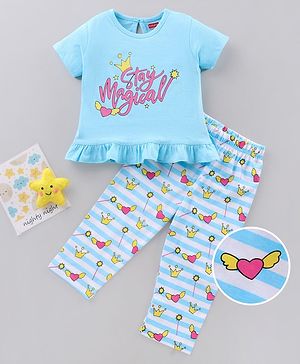 Babyhug Cotton Half Sleeves Night Suit Text Print - Blue
