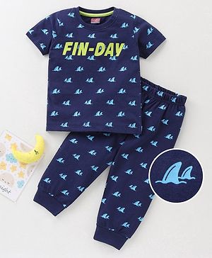 Babyhug Cotton Half Sleeves Pajama Set Fin Printed - Blue