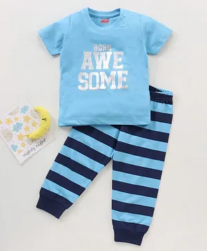Babyhug Half Sleeves T-Shirt & Pyjama Set Text & Stripe Print - Blue