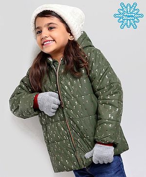 Babyhug Full Sleeves Hooded Fashion Heavy Winter Jacket Floral Print - Olive Green