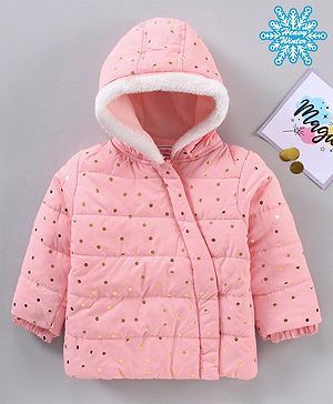 Babyhug Full Sleeves Hooded Fashion Heavy Winter Jacket Foil Print - Peach