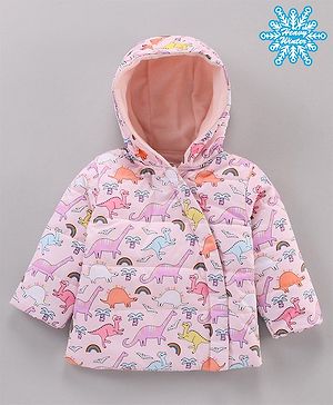 Babyhug Full Sleeves Hooded Fashion Heavy Winter Jacket Dino Print - Pink