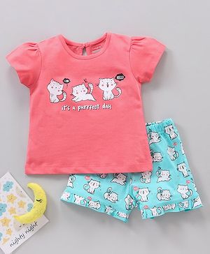 Babyhug Half Sleeves Top & Shorts Kitty Print - Pink Blue