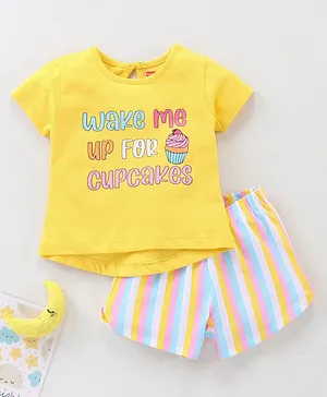 Babyhug Cotton Half Sleeves Tee & Stripe Shorts Set  Text Print - Yellow