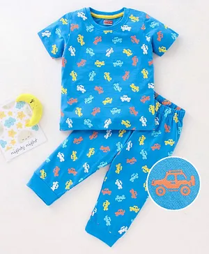 Babyhug Half Sleeves Nightsuit Car Print - Blue