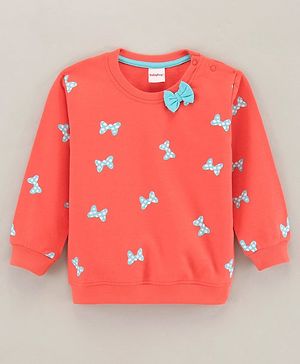 Babyhug Full Sleeves Cotton Knit Sweatshirt Bow Print & Bow Applique - Coral Pink