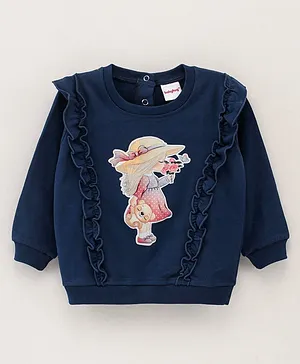Babyhug Full Sleeves Sweatshirt with Frill Detailing Girl Digital Print Applique - Navy