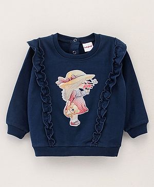 Babyhug Full Sleeves Sweatshirt with Frill Detailing Girl Digital Print Applique - Navy