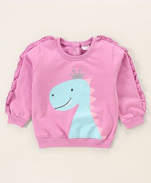 Babyhug Full Sleeves Sweatshirt With Frill At Sleeves & Dino Print - Violet