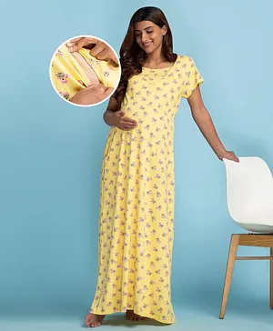 Bella Mama Half Sleeves Cotton Maternity and Nursing Nighty Floral Print - Yellow
